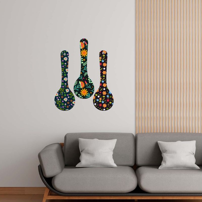 Floral Theme Wooden Spoon Wall Hanging Decor Set of 3  Flower Print MDF Wall Art for Kitchen, Dining Room, and Living Room Decoration